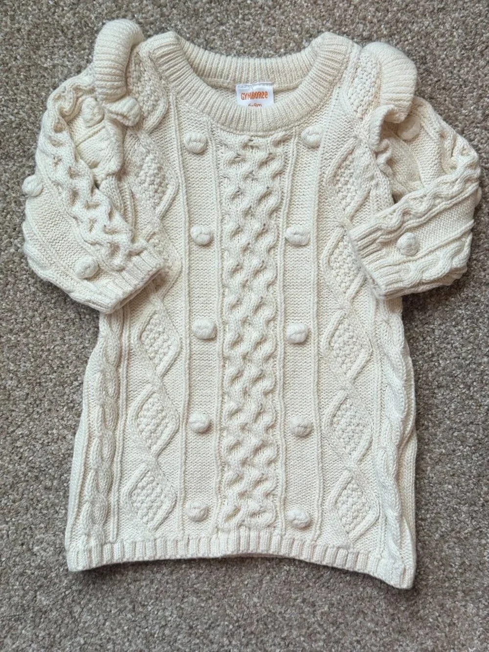 Gymboree Baby Girl Off White Cable Knit Sweater Dress 6-9M Ruffle Sleeve Ivory
